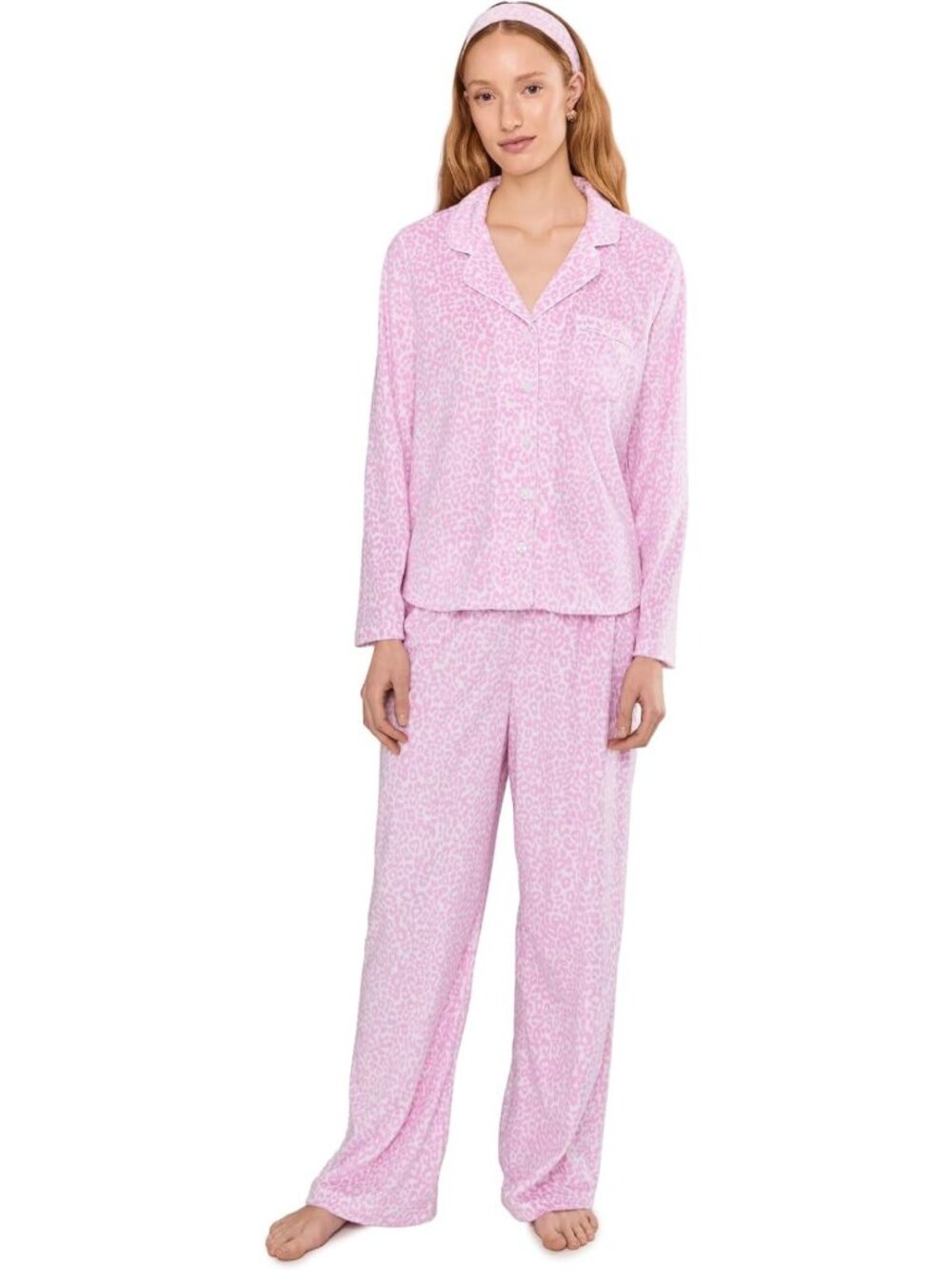 Cozy Long Sleeve Minky Fleece Pajama Set with Notch Collar & Headband, Size M